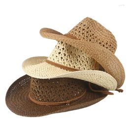 Berets Summer Straw Sun Hat Handmade Men's And Women's Western Cowboy Wide Brim Panama Hollow Breathable Jazz Beach