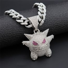 Pendant Necklaces Iced Out Crystal Anime Ghost Pendant With Hip Hop 13mm Square Zircon Tennis Chain Necklace Chokers Luxury Anime Jewellery 230821