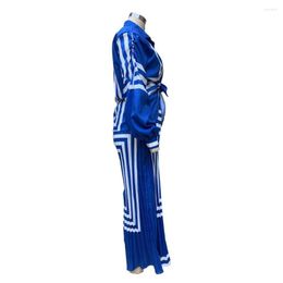 Women's Two Piece Pants Women Lapel Top Trousers Set Chic Striped Outfit Pleated Shirt Lantern Sleeve High Waist With Lace-up