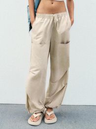 Women's Pants Pockets Solid Fashion Female Long Elastic Drawstring Waist Pleated Women Trousers Vintage Casual Ladies Pant 2023 Autumn