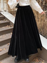 Skirts Qiukichonson Mid Long Velvet Skirt Women Maxi 2023 Autumn Winter Korean Casual High Waisted Black Pleated Rok