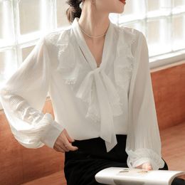 Women's Blouses Elegant Lace Patchwork Blouse 2023 Long Sleeve Tie Up Soild Colour Casual Loose Office Ladies T-Shirts Tops Female