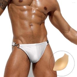 Underpants Men's Metal Buckle Brief With Enhancer Pad Swimsuit Solid Colour Fashionable Sexy Triangular Bikini Surfing Underwear