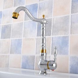 Kitchen Faucets Polished Chrome & Gold Colour Brass Bathroom Sink Faucet 360 Degree Swivel Spout Basin Mixer Tap Tsf808