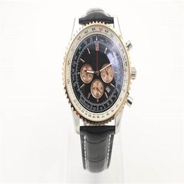 New Style Quartz Watch Chronograph Function Stopwatch Black Dial Gold Fluted Case Leather Belt Silver Skeleton 1884 Navitimer Watc297t