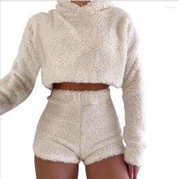 Women's Sleepwear Women Autumn Winter Pyjamas Fashion Long Sleeve Solid Colour Plush 2-piece Suit Homewear Hooded Sexy Nightwear