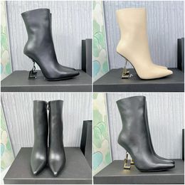 Lüks opyum bot tasarımcısı kadınlar mektup topuk ayak bileği botları moda deri metal sivri fermuar seksi yüksek kaliteli botlar boyut 35-41