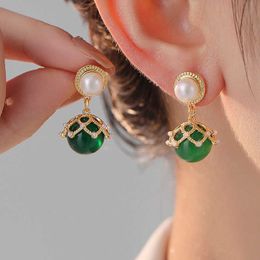 2023 New Freshwater Pearl Green Agate Stone Earrings with Advanced Design and Light Luxury Earrings