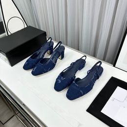 New Denim Slingback Thick Sandals Leather Sole Chunky Block Heels Flats Round Toe Women's Designers Wedding Dress Evening Shoes Factory