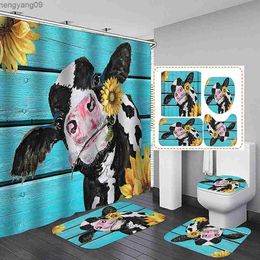 Shower Curtains Funny Cow Rustic Waggon Wheel Shower Curtain Set Country Flower Farm Cute Animal Wooden Farmhouse Bathroom Set Decor Bath Rug Mat R230821