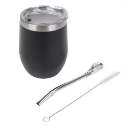 Coffee Pots Double-Wall Stainless Yerba Gourd Mate Tea Set Water Cup With Lid Spoon Straw Bombilla Head Philtre Brush Black