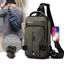 Backpacking Packs Waterproof Casual Chest Bag Men Multifunction Antitheft USB Charging Crossbody Nylon Canvas Travel Pack Male 230821