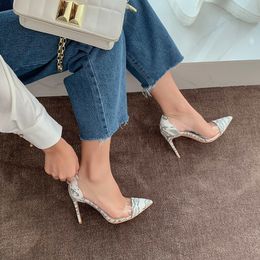 Dress Shoes Spring and summer style snakeskin PU splicing pointy toe single shoes PVC stiletto banquet dress large small women 230818