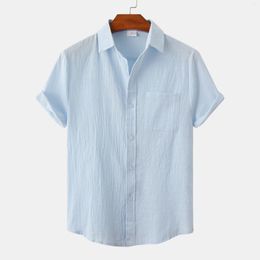 Men's Casual Shirts Chinese Style Cotton And Linen Shirt 2023 Solid Color Polo Collar Single-Breasted Short Sleeve