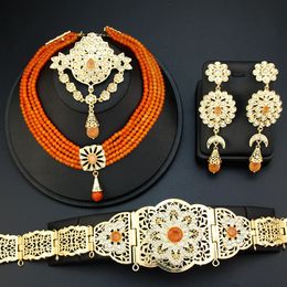Earrings Necklace Neovisson Elegent Morocco Jewellery Sets Gold Colour Waist Chain Belt Orange Crystal Choker Necklace Drop Earring Brooch Gift 230820