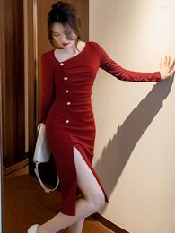 Casual Dresses 2023 Korean Fashion Bodycon Party Dress For Women Elegant Single Breasted Office OL Slim Sexy Split Midi Lady Clothes