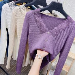 Women's Sweaters Design Sexy V-neck Cute Lace Patchwork Long Sleeve Knitted Bodycon Tunic Single Breasted Sweater Top Jumper