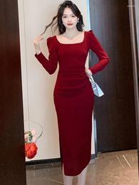 Casual Dresses 2023 Autumn Fashion Red Ruched Slim Party Dress Women Vintage Puff Long Sleeve OL Elegant Bodycon Evening Vestidos