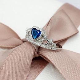 Cluster Rings 925 Sterling Silver Crown Ring For Women Princess Style Hollow Heart Royal Blue CZ Finger Lover Wedding Jewelry