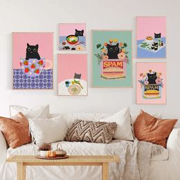 Korean Kimchee Food Street Canvas Painting Modern Black Cat Picnic Poster Print Wall Art Picture Home Easter Kidroom Kitchen Decor No Frame Wo6