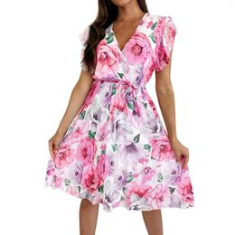 Casual Dresses For Women Elegant Evening Dress Floral Printed Flutter Sleeve Lace Strap Flower Party Festive Pleated