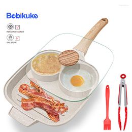 Pans BOBIKUKE Egg Steak Frying Pan With Lid 3 Section Non Stick Kitchen Durable Cooking Pancake Ham Omelette