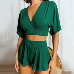 Women's Sleepwear 2023 Spring/summer Knitted Nightwear Cotton Silk Green Short Sleeve Shorts Set Fashion V-neck El Home Furnishing Women