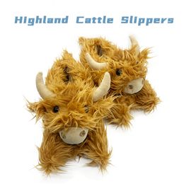 Filmy Plush Toy Highland Cow Kaptaki Pluszowe Szkockie Kapcie o bydła Brązowe zimowe ciepłe domowe domek Kawaii Animal Buty dla dorosłych Plushie Gift 230821