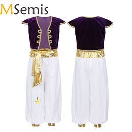 Cosplay MSemis Kids Boys Fancy Arabian Prince Costumes Cap Sleeves Waistcoat with Pants for Halloween Cosplay Fairy Parties Dress Up 230817