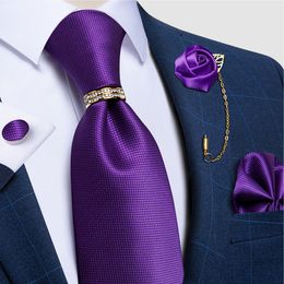 Neck Ties Luxury Purple Solid Floral Silk Jacquard Woven Tie Set for Men Fashion Accessories Brooch Pin Gold Ring with Rhinestones Gift 230818