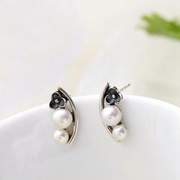 Stud Earrings Authentic 925 Sterling Silver Lady Retro Style Earring Inlaid Natural Freshwater Pearl Fine Jewelry Gift