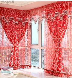 Curtain Magic Paste 2 layers Curtains with Beads Korean Floral Door Window Drapes Panel Sheer Holes Free Bedroom Cortina Wedding Decos HKD230821