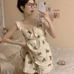 Women's Sleepwear Cartoon Bear Summer Home Suit Women Square Collar Shirts Shorts Soft Kawaii Pajamas Set Lace Bow Ruffles Korean