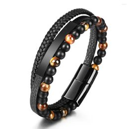 Strand Tiger Eye Natural Stone Bead Bracelet Leather Rope Braided Genuine Men Cowhide Black