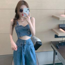 Women's Two Piece Pants Womens Short Vest Two-piece Suit Pant Sets Female High Street Camisole Tops Waist Wideleg Denim Trend 2023 Summer