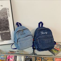 School Bags Customised Mini Women s Denim Backpack Personalised Embroidery Name Fashion Versatile Unique Gift for Young Ladies 230821