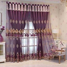 Curtain Purple Blue Yellow Pink European Double Embroidered Curtain Sets Sheer and Cloth Blackout Curtains for Living Room Bedroom HKD230821