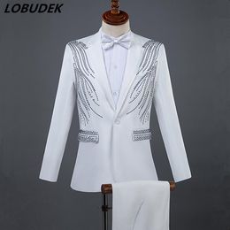 Men Formal Suits Crystals Slim Blazers Pants Suit Vocal Concert Singer Chorus Performance Costume Wedding Master Prom Compere Stag317r