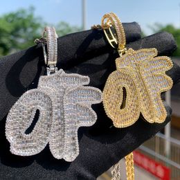 Pendant Necklaces Iced Out Bling Rectangle CZ Letters OTF Pendant Necklace Cubic Zirconia Gold Plated Charms Men Women Hip Hop Jewellery 230821