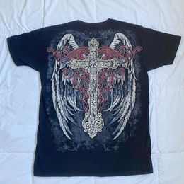 Women's T Shirts Y2K Cyber Grunge Cross Wing Print T-shirt E Girl Gothic Mall Goth Loose Tee 90s Vintage Harajuku Short Sleeve Tops Women