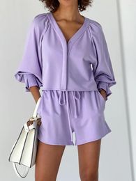 Women's Sleepwear Marthaqiqi Causal Home Clothes For Women Long Sleeve Nightwear Sexy V-Neck Nightgowns Drawstring Shorts Ladies Set