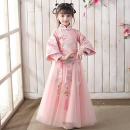 Ethnic Clothing Lace Embroidery Pink Girl Dress Birthday Party For Wedding Gown Chinese Years Qipao Kids 2023