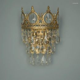 Wall Lamp French Light Luxury Full Copper Crystal Crown Retro Living Room Background Bedroom Bedside High-End