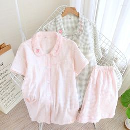 Women's Sleepwear Summer Girls Cute Embroidered Peach Short Sleeve Shorts 2pcs Pajamas Set Plaid Women Crepe Cotton Household Casual Wear