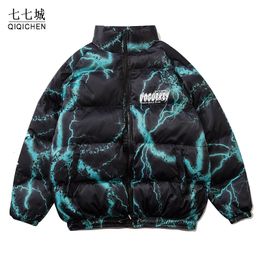 Men's Jackets Mens Winter Down Parkas Vintage Lightning Letter Graffiti Cotton-padded Jacket Thick Warm Street Oversized Outerwear Coat Winter 230821