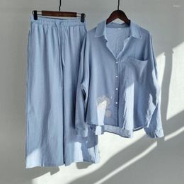Women's Two Piece Pants Summer Shirt Set Women Dandelion Print Lapel Stylish Wide Leg Trousers For Spring/fall