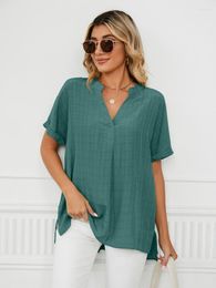 Women's Blouses Summer For Women 2023 Short Sleeve V Neck Top Solid Basic Color Casual Wears Loose Fit Style Ladies Blouse Drop