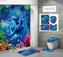 Shower Curtains Blue Ocean Underwater World Cute Dolphin 3D Printing Waterproof Shower Curtain With Rug Toilet Cover Bath Mat Set Bathroom Decor R230821