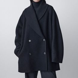 Womens Wool Blends TheR0w Winter Women Coat Cashmere Black Colour Full Sleeves Double Breasted Oversize Casual Turndown Collar Keep Warm 230818