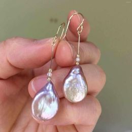 Dangle Earrings Natural 16-17mm Purple Baroque Drop Pearl Gold 14K Women Aquaculture Hook Thanksgiving Holiday Gifts Freshwater